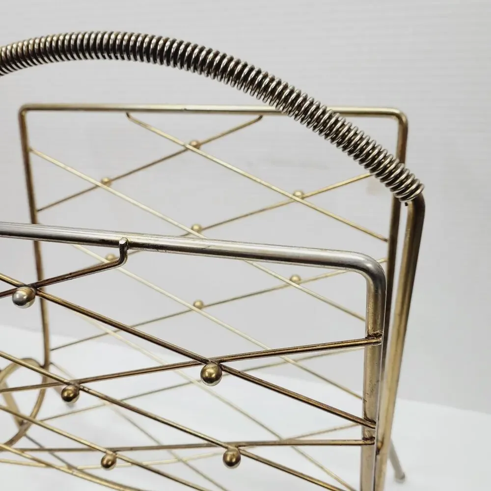 Vtg MCM ATOMIC Diamond Magazine Rack Holder Gold Brass Plate Wire Wrapped Handle